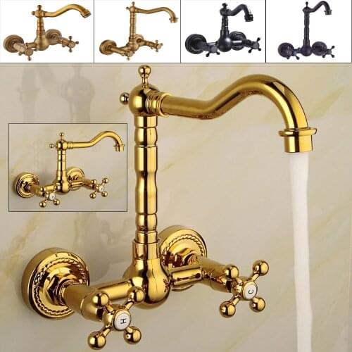 Antique Brass Double Handle Wall Mounted Bathroom Sink Faucet Hot & Cold Basin Faucet Black/Gold/Antique Tap