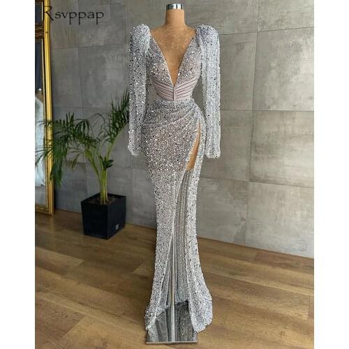 Sparkly Long Evening Dresses 2021 V-neck Long Sleeve Sexy High Slit Silver Beaded Sequin African Women Formal Party Gowns