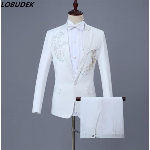 Sparkly Crystal White Mens Suits Bar Male Singer Stage Chorus Costume Prom Party Host Performance Outfit Nightclub DS Show Suit