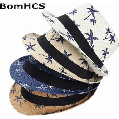 BomHCS Printing Coconut Tree England Style Summer Straw Hat Boys Girls Beach Travel Jazz Hat Sun Caps 17F-315MZ2