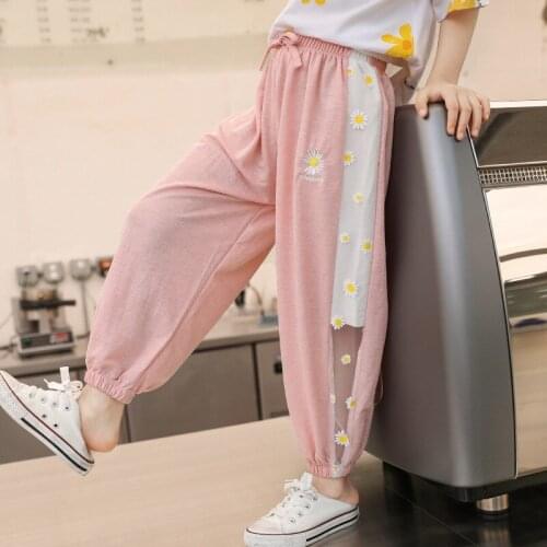 Girls Loose Thin Pants Fashion Floral Embroidery Elastic Waist Pencil Pants Kids Outdoor Casual Trousers Children Clothing