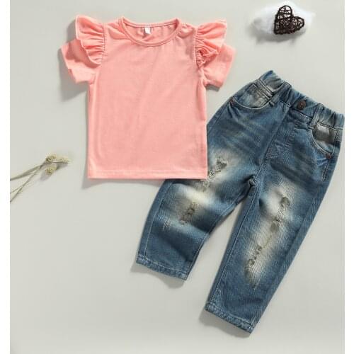 FOCUSNORM Summer Fashion Kids Girls Clothes Sets 0-6Y Ruffles Short Sleeve Solid T Shirts Denim Hole Pants 2pcs