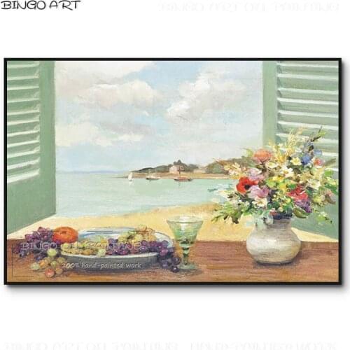Artist Hand-painted Beautiful Flower in Bottle on the Balcony of Telford Oil Painting Beauty Vase Flower Before Windows Painting