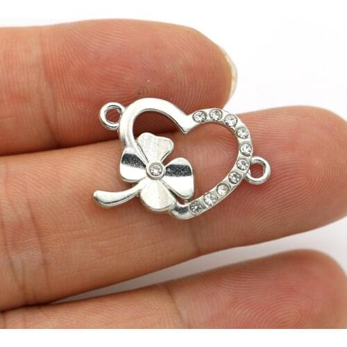 JAKONGO Antique Silver Plated Crystal Clover Heart Connectors for Making Bracelet DIY Jewelry Accessories 25x17mm 5pcs