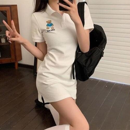 Summer Korean Ulzzang bear embroidery dress casual slim sexy dress punk party Vintage kawaii women dress Harajuku big size dress