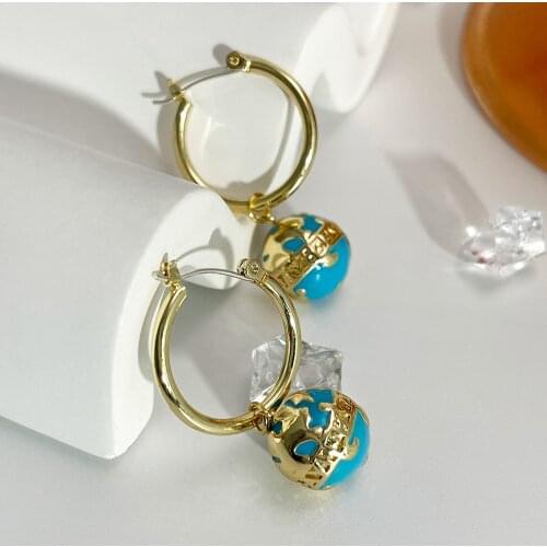 Monlansher Statement Globe Drop Earrings Gold Color Metal Blue Enamel Earrings for Women Minimalist Designed Earrings Jewelry