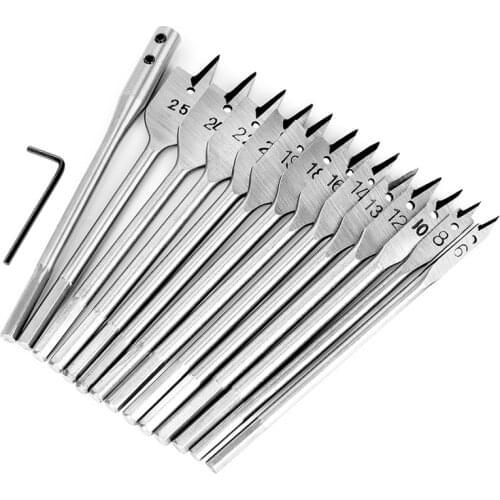 15Pcs Full Carbon Steel Hex Shank Spade Flat Wood Drill Bit Set For Metal 6-25Mm High Steel Wood Drilling Power Tools Kit