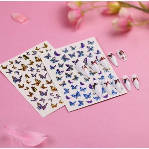 60 Tips Laser Butterfly Nail Stickers Self Adhesive Sliders Colorful Simulation Bronzing Nail Art Stickers for Nails Decoration