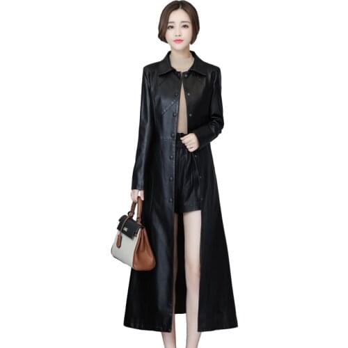 Spring Autumn New Genuine Leather Jacket Womens Medium Long Slim Sheepskin Trench Coat Korean Over-the-Knee Jacket overcoat