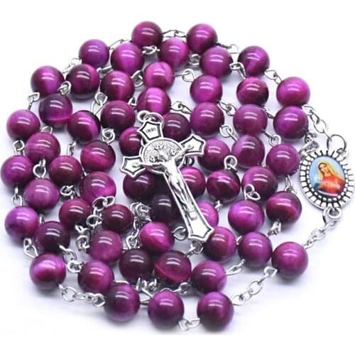 Natural Stone Rosary Beads Necklace Our Lady of Grace Guadalupe Cross Pendant Necklace for Women Religious Prayer Jewelry Gifts