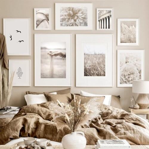 Scandinavian Flower Plant Poster Sand Reeds Mushroom Birds Landscape Canvas Painting Wall Art Beige Pictures for Living Room