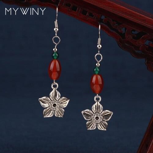 MYWINY 2 colors nature stones green ethnic flowers earrings red ,vintage fashion Tibetan Silver earrings jewelry