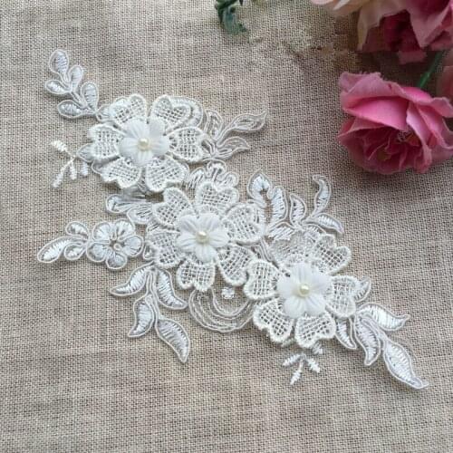 1Pc 19X9cm ivory Beaded Wedding Dess Floral Embroidery Sewing Patches Lace Applique Flower Trims DIY Craft 19X 9cm BD0115