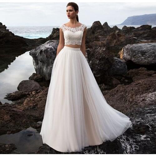 MYYBLE Two pieces Beach Wedding Gowns 2021 Elegant Bridal Dresses Boho Champagne Cap Sleeve illusion vestido de novia Vintage