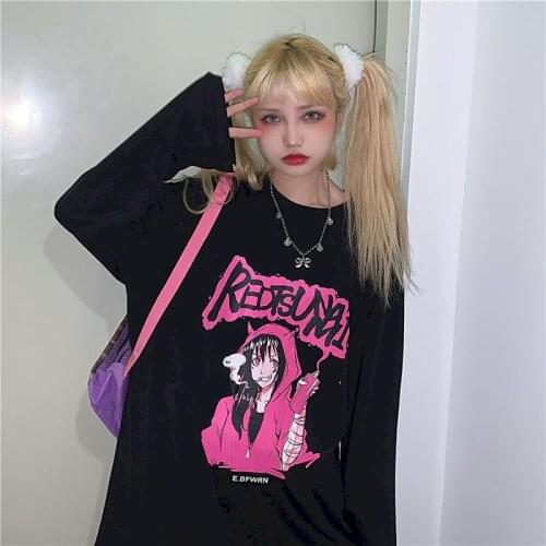 Female Student Loose Long-sleeved T-shirt Anime Print Top Womens Pure Cotton Spring Autumn New Harajuku Kawaii Sweet Clothes