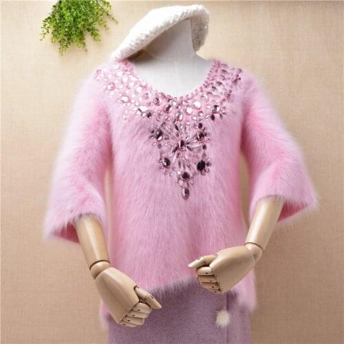 Pink girl ladies sweet small size slim short sleeves beading vintage sweater mink cashmere knitted angora rabbit fur pullover