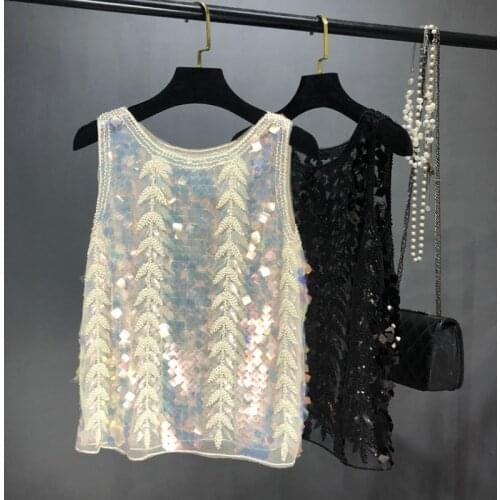 Women Waistcoat Bright Silk 3D Beaded Chiffon Vest Sequined Lace Sleeveless Shirts Slim Tank O-neck Gauze Tops Camisas Mujer