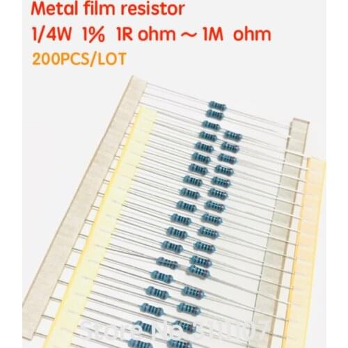 200PCS 1/4W 1% Metal film resistor 10R ~ 1M 100R 220R 330R 1K 2.2K 3.3K 4.7K 10K 20K 47K 100K 100 220 330 680 2K2 3K3 4K7 ohm