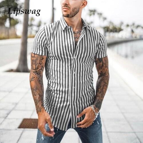 2021 Men Fashion Striped Printing Shirts Summer Short Sleeve Lapel Shirt Mens Harajuku Slim Buttoned Tops Vintage Streetwear 3XL