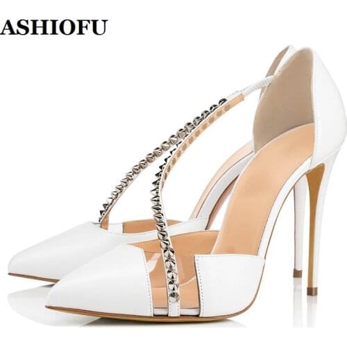 ASHIOFU New Handmade Womens High Heel Pumps Classic Rivets Spikes Party Prom Dress Shoes PVC&PU Evening Fashion Court Shoes