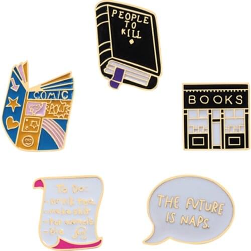 Books Brooch Pins Cartoon Cute Comic Book Note Bookstore Message Fashion Jewelry Gift for Kids Students Shirt Lapel Enamel Badge