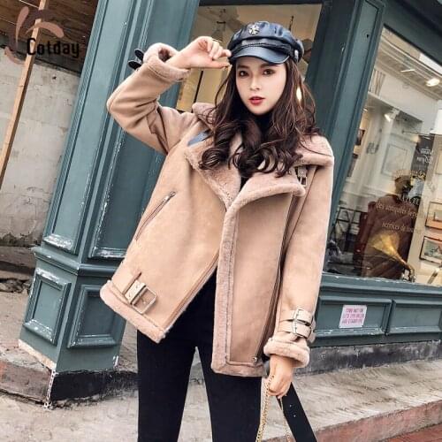 Cotday Imitation Lamb Fur Short Moto & Biker Womens Street Big Hair Collar Long Sleeve Jacket Plus Fur Coat Thickening Clothing