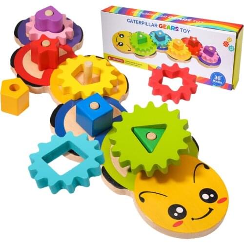 Kid Big Size Montessori Wooden Gear Shape Matching Toy Caterpillar Gear Assembling Rotating Color Size Cognition Educational Toy