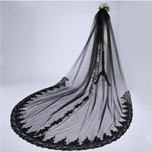 2019 New Black Wedding Veil Cathedral Length Applique Lace Edge 1L With Comb Wedding Accessories Bridal Veil with Comb