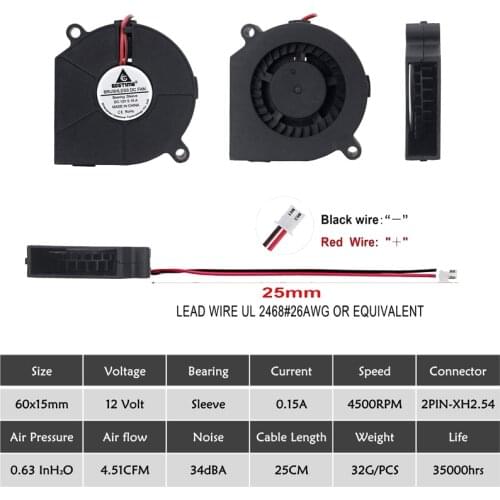 Gdstime 100pcs 6cm 12V 2Pin Blower Fan 60mm*15mm Computer PC Cooler 60x15mm Brushless Centrifugal DC Cooling Turbo Fan 60mm 6015