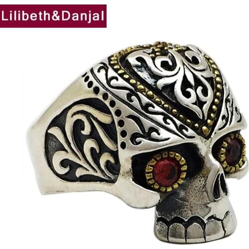 Red Eyes Skull Pure 925 Sterling Silver Inlaid Natural Stone Punk Vintage Ring for Men Jewelry Black Friday 2020 New Arrival R5