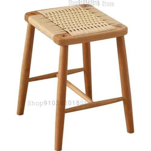Nordic Solid Wood Square Stool Cherry Wood Rattan Short Stool Simple Modern Woven Dressing Stool Shoe Changing Stool Dining Stoo