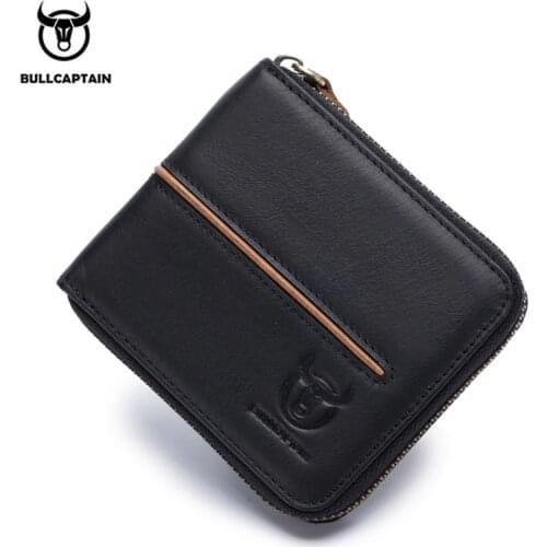 BULLCAPTAIN Men Wallet Genuine Leather Business ID Card Holder Billfold Zipper Purse Wallet Clutch Short Coin holder Male Wallet