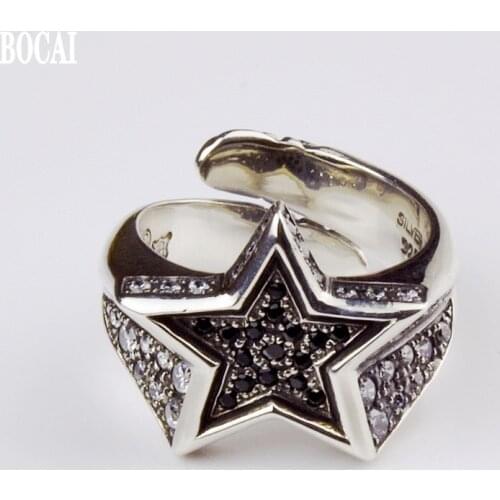 New s925 pure silver micro inlay, full of diamonds five-pointed star Thai silver adjustable ring fashionable men and women rings