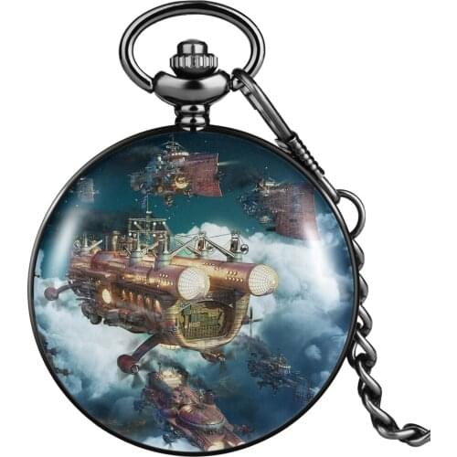 Personality Pocket Watch Strange And Special Aircraft Pattern Black Smooth Cover Comfortable Pendant Watch Birthday Gift For Boy