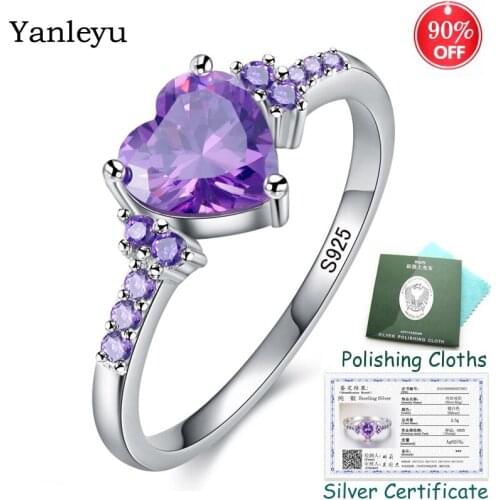 Send Silver Certificate! Yanleyu Romantic Heart Purple Crystal Zircon Wedding Rings for Women 100% 925 Silver Fine Jewelry PR255