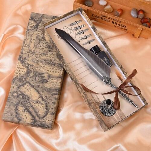 1 Set English Calligraphy Feather Dip Pen Writing Stationery set Gift Box with 5 Nib Wedding Quill Pen Fountain Canetas Pluma