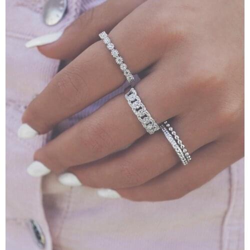 Drop Shipping US # 6 7 8 9 Silver Color Iced Out Clear CZ Cubic Zirconia Cuban Link Chain Rings For Women Girls Hiphop Jewelry