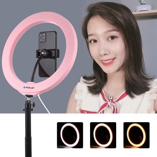 PULUZ 10.2 inch 26cm USB 3 Modes Dimmable LED Ring Vlogging Selfie Photography Video Lights with Cold Shoe Tripod Ball Head