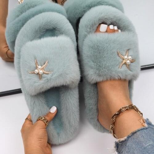 Womens Slippers Fluffy Faux Fur Pearl Starfish Decor Slides Flat Sandals Slippers Smooth Flip Flops DIY Shoes Wholesale