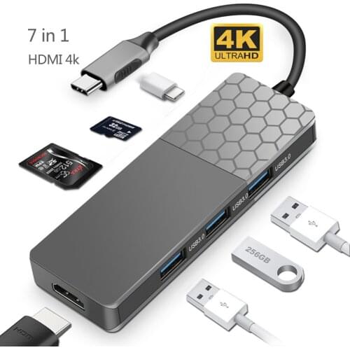 ILEPO 7 in 1 USB C HUB 4K HD PD 100W HDMI Adapter for MacBook Pro Huawei Mate 30 Samsung iPad Laptop USB Splitter Type C USB 3.1