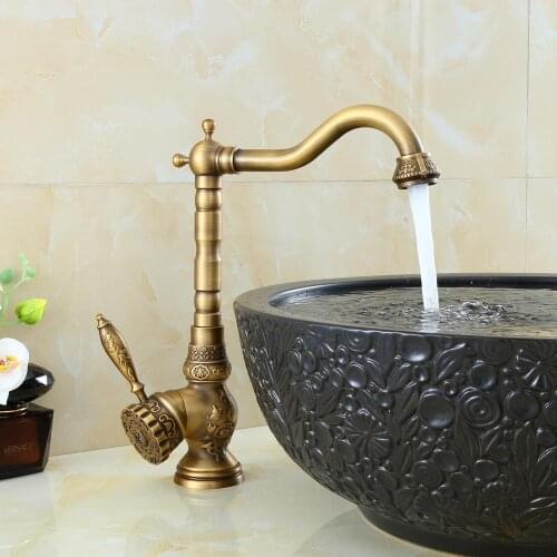 Vidric Antique Bronze Bathroom Sink Faucet Craved Brass Crane Hot and Cold Water Deck Mounted Mixer Tap Basin Sink Faucets ELDK3