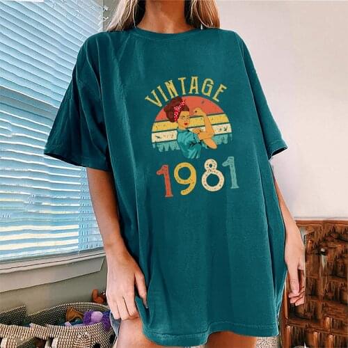 Vintage 1981 Print Women Tshirt O-Neck Half Sleeve Retro Femme T-shirt New Drop Shoulder Casual Tee Shirt for Summer Clothes