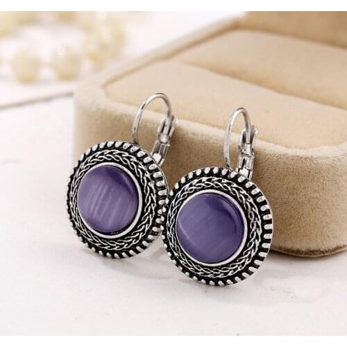 Vintage Earrings Blue Opal Womens Clip-on Earrings Semi-precious Stones Round Tibetan silver Geometric Earrings Women