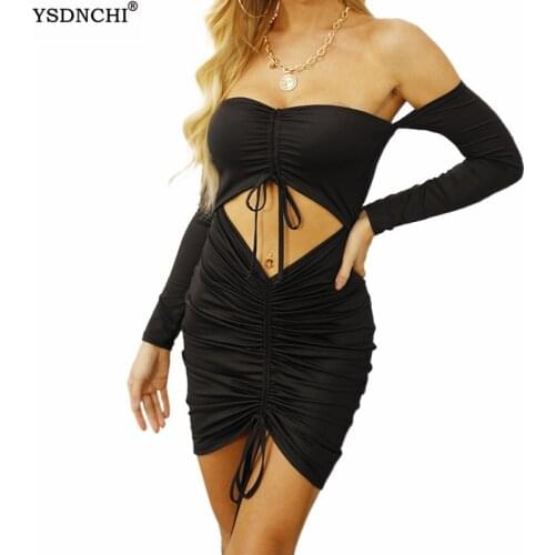 YSDCNHI Club Party Ladies Solid Skinny Women Sexy Long Sleeve Strapless Ruched Drawstring Bodycon Dress Elegant Hollow Clothes
