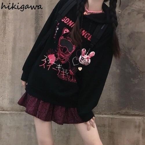 Hikigawa Women Sweatshirt Cute Hooded Tops Gothic Print Sweatshirts Long-sleeve Catoon Pullover Fashion Japanese Hoodie Clothes
