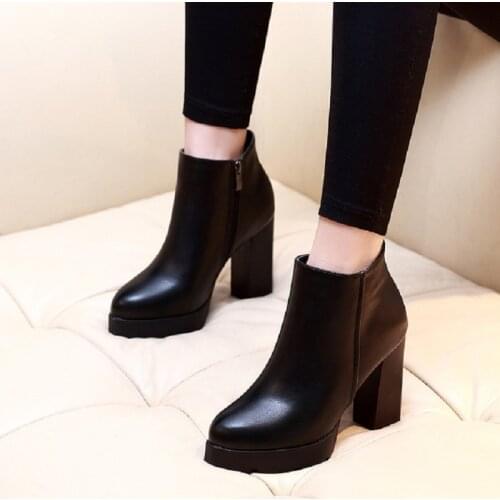 Dropshipping Women Ankle Boots 2020 Genuine Leather Martin Black High Heels Platform Sexy Ladies Shoes