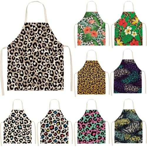 Leopard Print Flower Printed Sleeveless Aprons Kitchen Woman Pinafore Home Cooking Baking Waist Bib Cooking Apron For Women