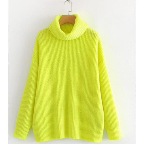 PERHAPS U Women Neon Sweater Knitted Green Fuchsia Pink Solid Turtleneck Pullovers Long Casual Winter Loose M0027