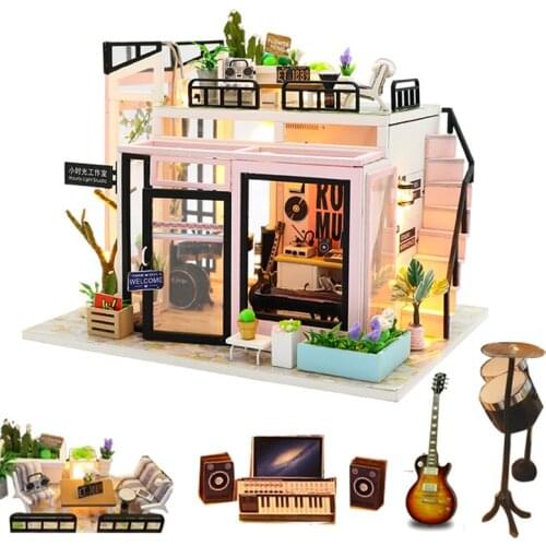 1:12 dollhouse studio diy wooden doll house with radio bass accessories miniaturas house kast furniture kit casa de juguete