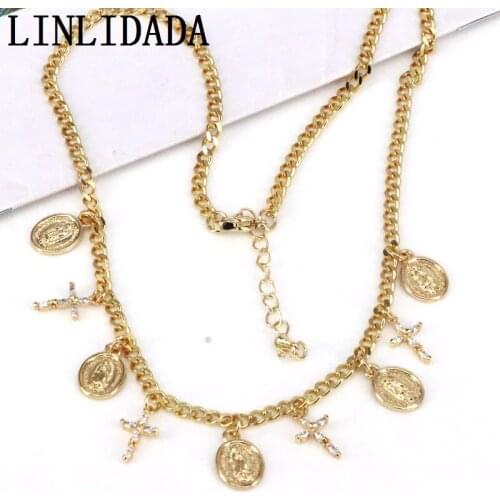 3Pcs, Gold Cross Virgin Mary Charms Necklace, Vintage Crystal Cross Choker Necklace, Fashion Curb Chain Charm Necklace